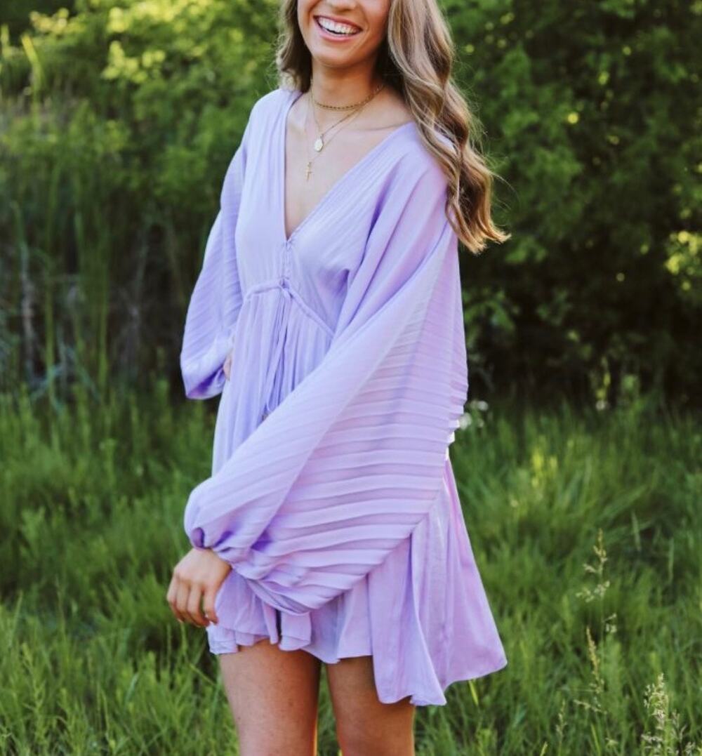 Free People Lavender Pleated Balloon Sleeve Mini Dress XS Boho V Neck EUC
